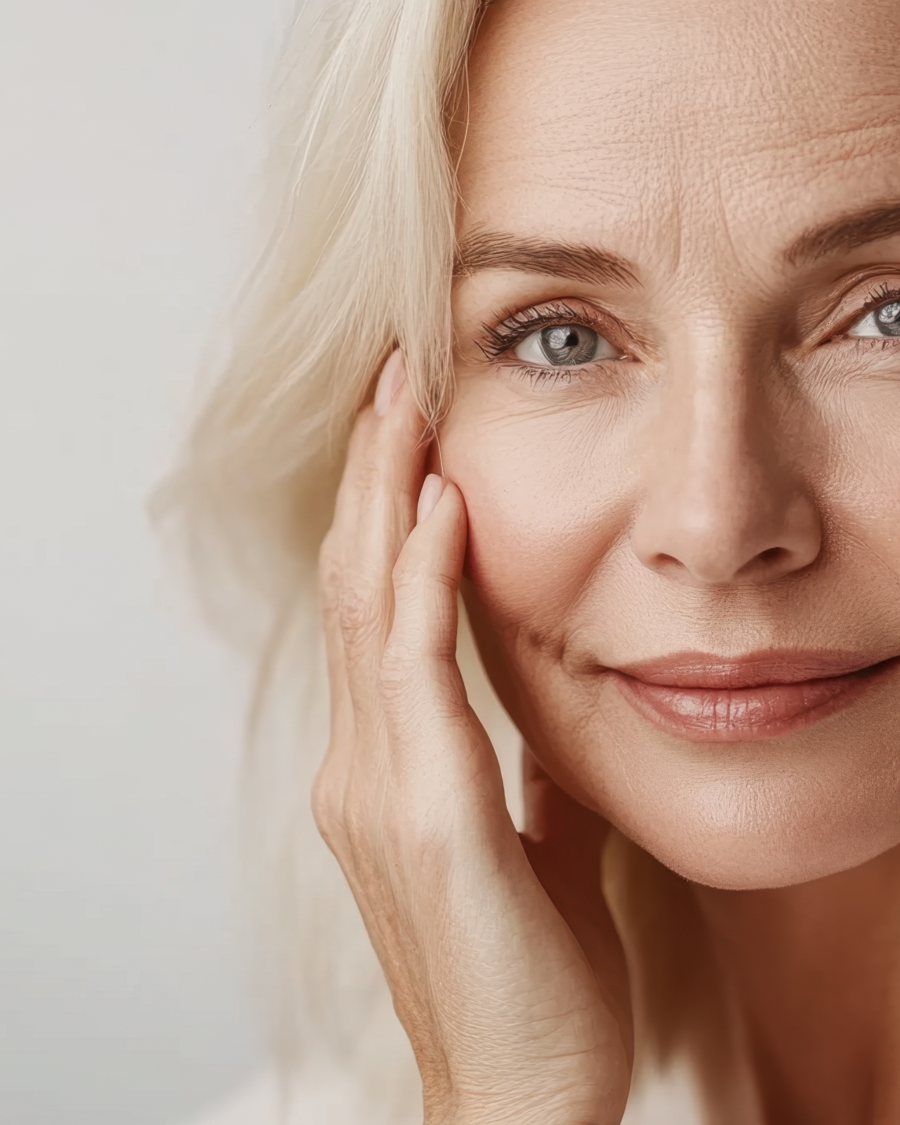 Mature blonde woman with clear smooth skin.