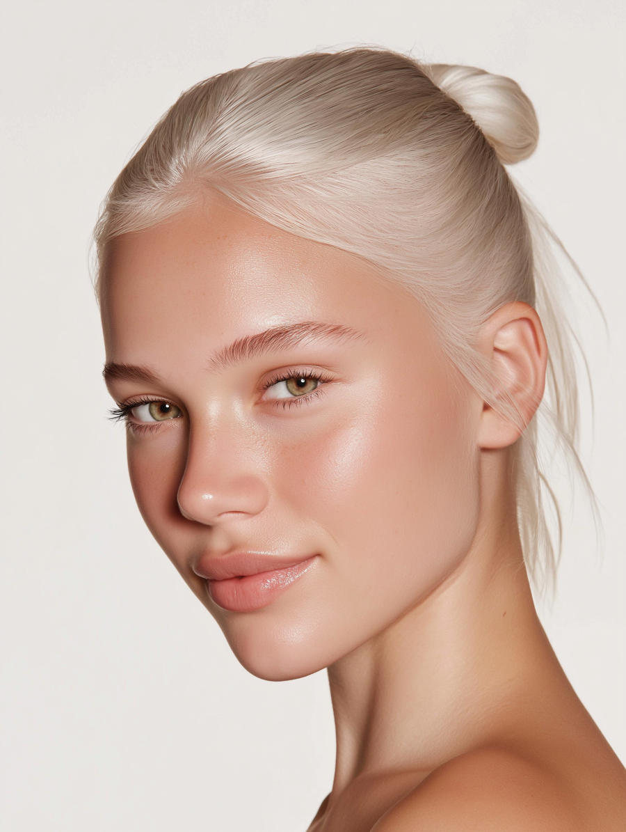 Young blonde woman with bright, clear skin.