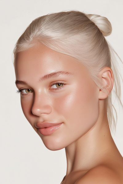Young blonde woman with bright, clear skin.