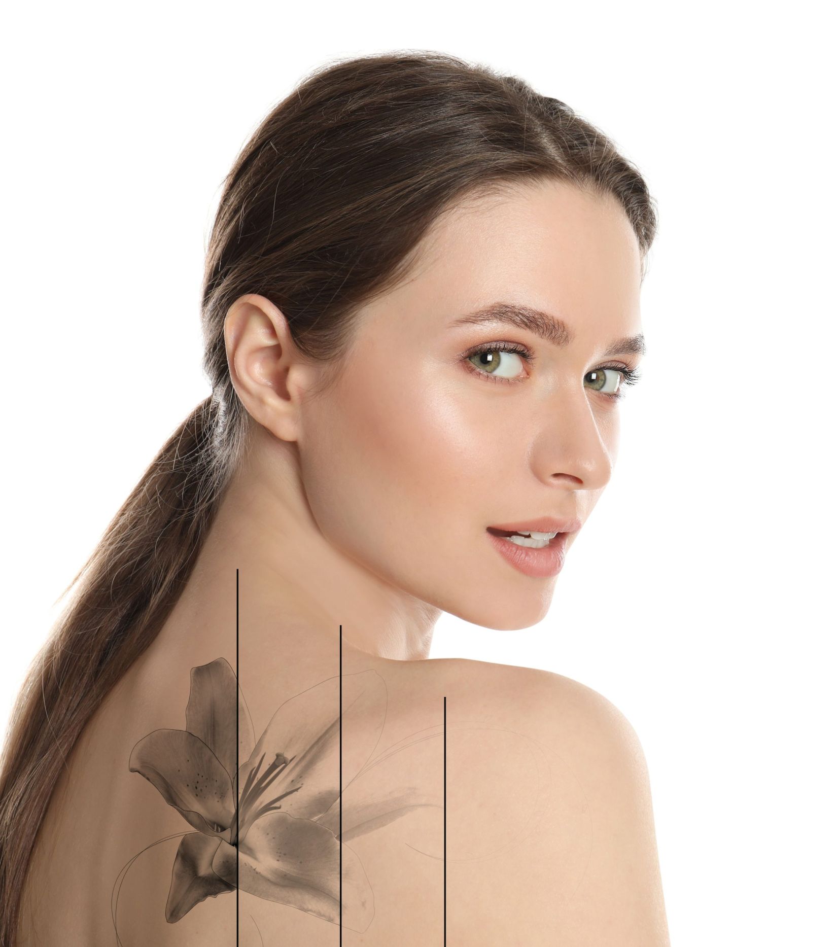 Design with photo of woman on white background during tattoo removal process